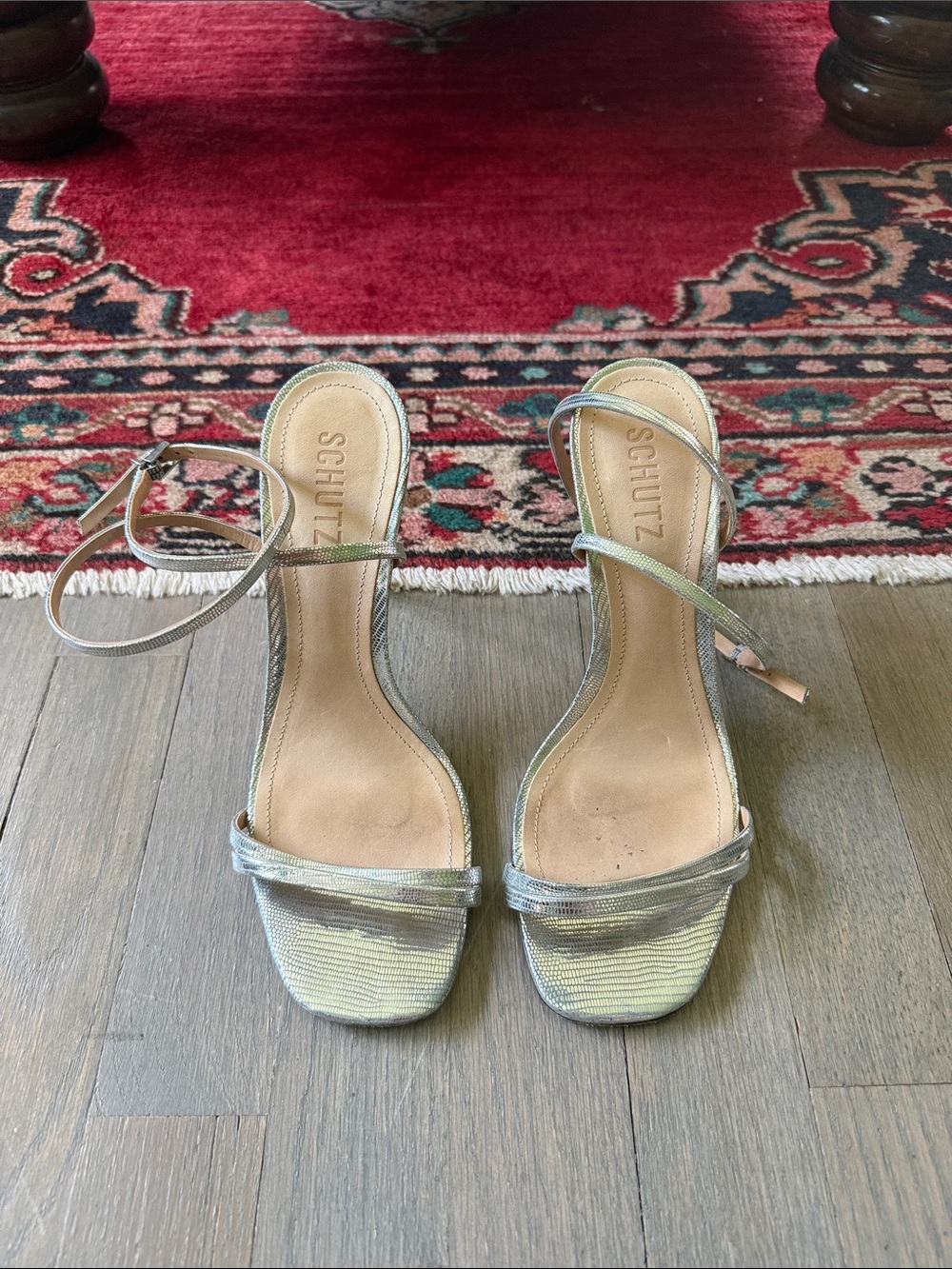 SCHUTZ Iridescent Silver Strappy Heels